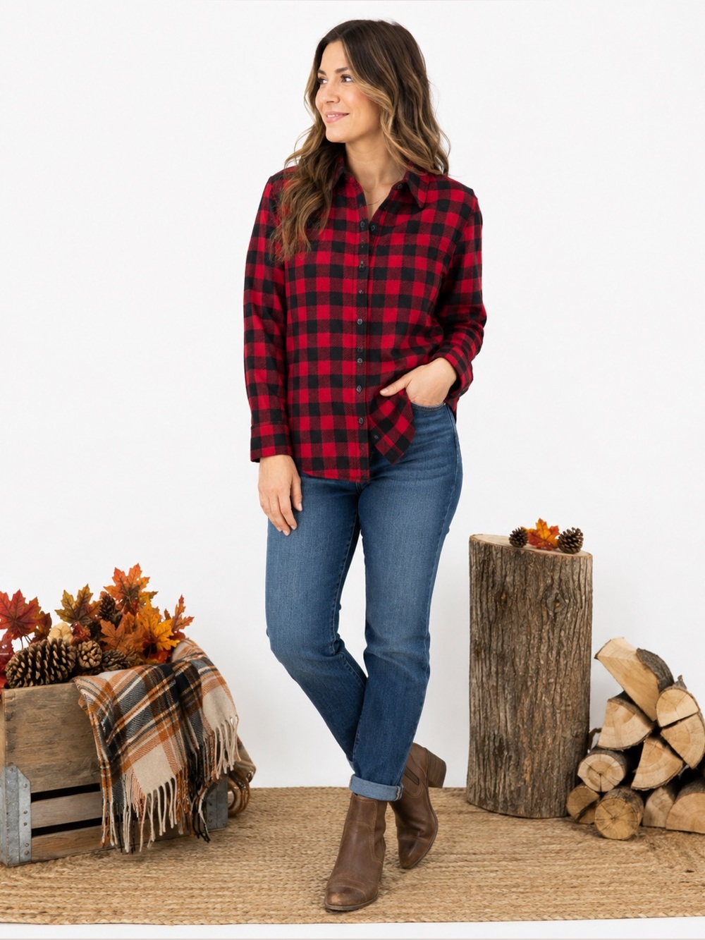 Riders by Lee Womens Fleece Button Down Shacket in Red/Black Plaid Sz S